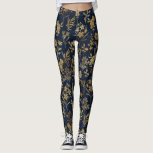 Legging Flores Douradas Elegantes Botânicas Azuis