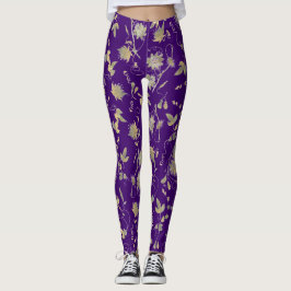 Legging Flores Douradas Elegantes Modernas Roxo Real