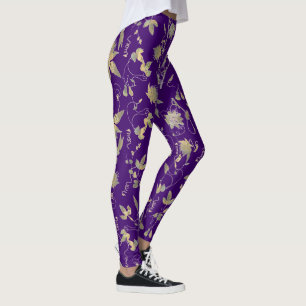 Legging Flores Douradas Elegantes Modernas Roxo Real