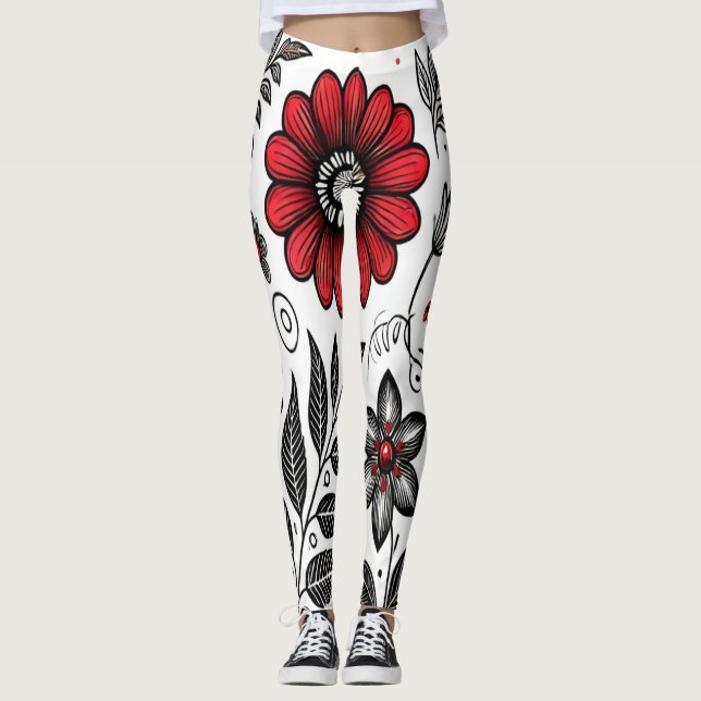Legging Flores e folhas de rabo em vermelho e preto (Frente)