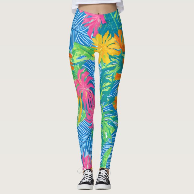 Legging Flores e Folhas Tropicais Coloridas (Frente)