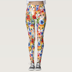 Legging Flores e Gatos de Cores Aquáticas de Arte Folical