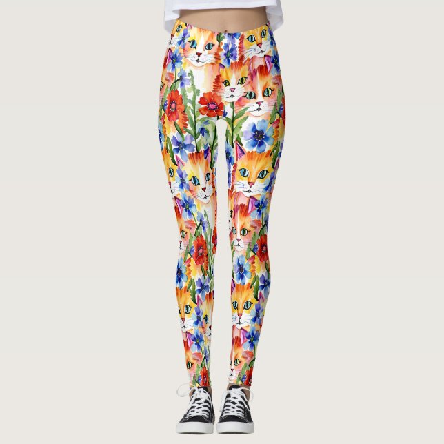 Legging Flores e Gatos de Cores Aquáticas de Arte Folical (Frente)