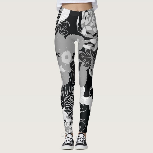 Legging Flores e pássaros pretos, brancos e cinzas (Frente)