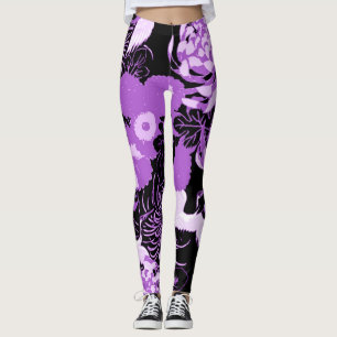 Legging Flores e pássaros pretos e roxos em vinheta