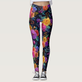 Legging Flores Elegantes Coloridas no Floral Na moda Preto