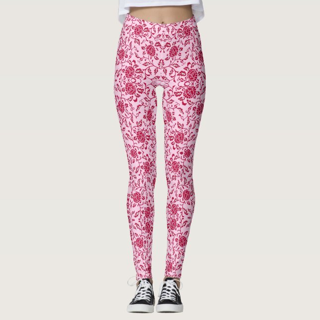 Legging Flores Elegantes, Rosa e Damasco Vermelho (Frente)