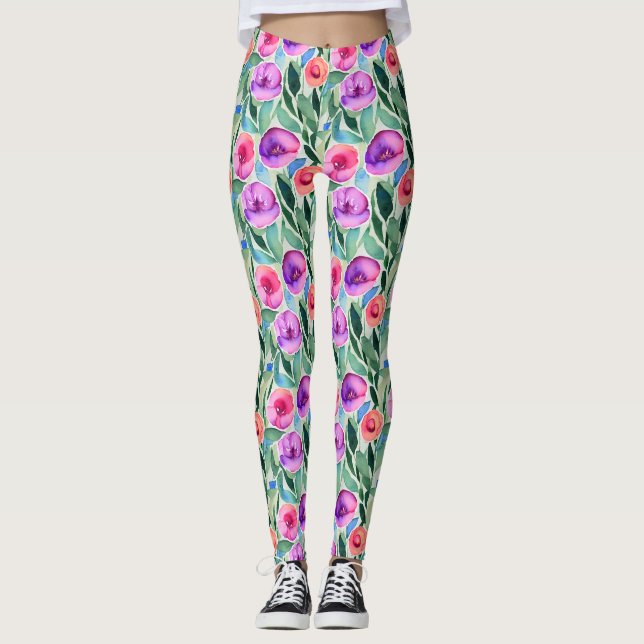 Legging Flores em Aquarela em Roxo, Rosa e Verde (Frente)