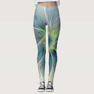 Legging Flores Fantasias Modernas Azul Flor Fractal Verde