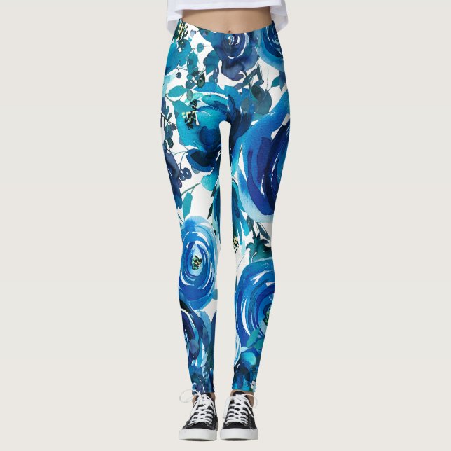 Legging Flores Florais Azul Índigo Elegante Shabby Chic (Frente)