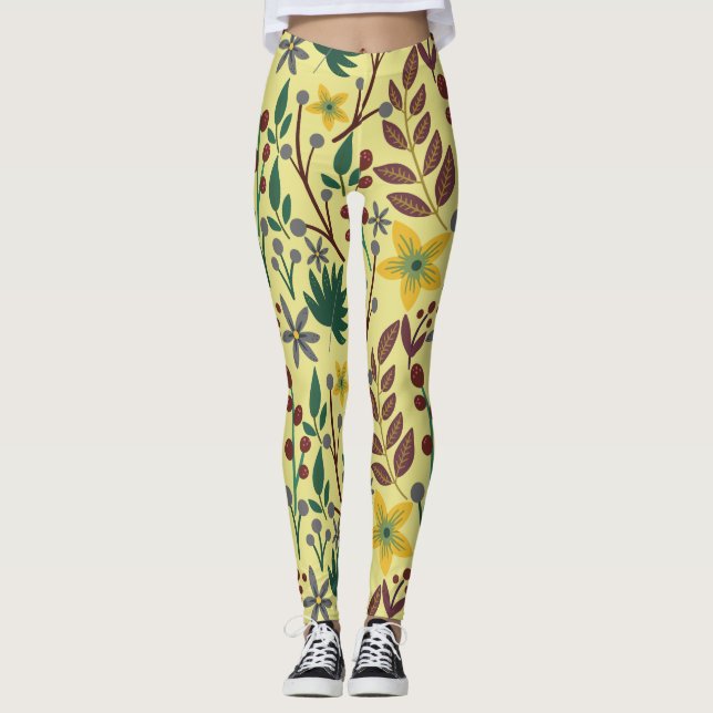 Legging Flores, flores, folhas, ramos, sem costura, (Frente)