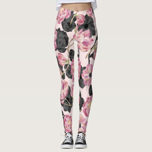 Legging Flores Girly Blush Pink e Black Watercolor (Frente)