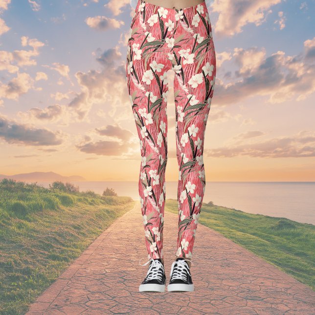 Legging Flores Japonesas Brancas em Rosa Borgonha (Criador carregado)