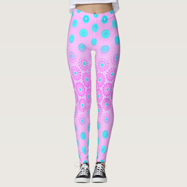 Legging Flores Lilás, Azul-Céu e Rosa (Frente)