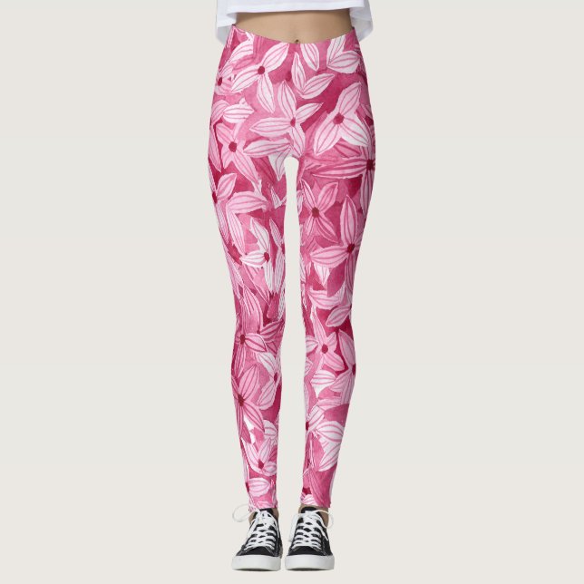Legging Flores lilases de aquarelas: fundo floral rosa (Frente)
