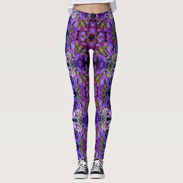 Legging Flores magenta púrpura amarelas Hydrangas (Frente)