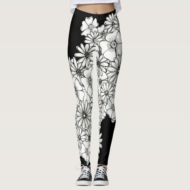 Legging Flores Modernas em Preto e Branco (Frente)