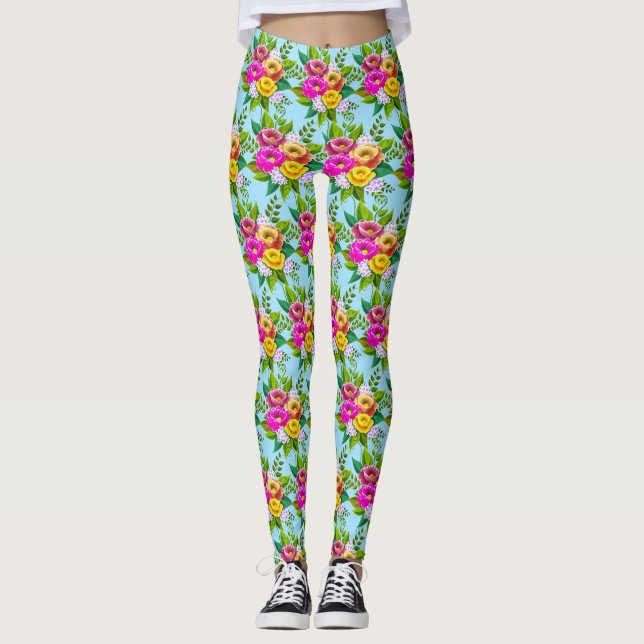 Legging Flores Multicoloridas Modernas em Azul Claro (Frente)