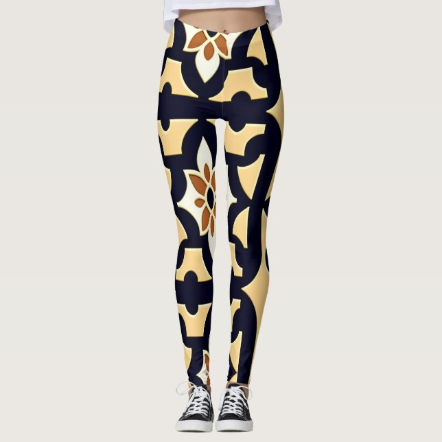 Legging Flores Padrão Botânico Isométrico Laranja Beige (Frente)