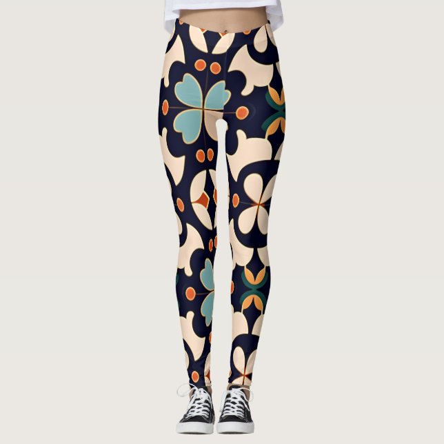 Legging Flores Padrão Isométrico Azul Laranja Floral (Frente)