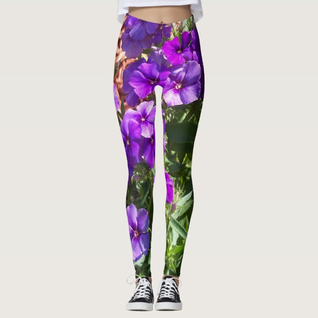 Legging Flores Phlox roxas nestas maravilhosas pernas (Frente)