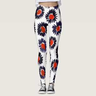 Legging Flores pintadas à mão, padrão vermelho e azul.