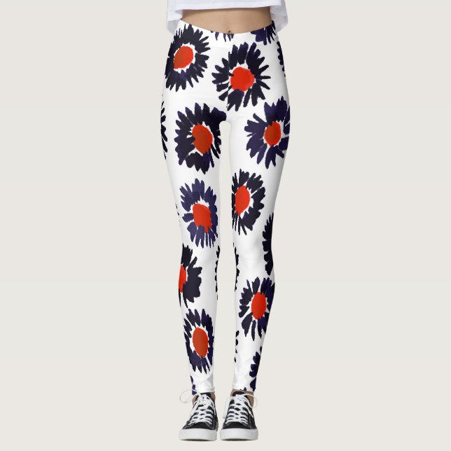 Legging Flores pintadas à mão, padrão vermelho e azul. (Frente)