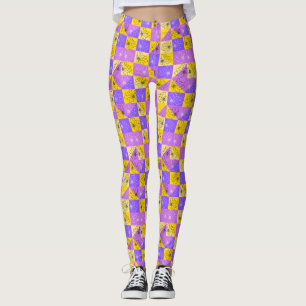 Legging flores pretas em roxo rosa e abstrato dourado