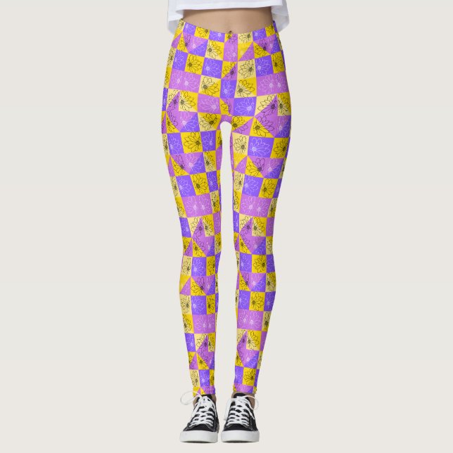 Legging flores pretas em roxo rosa e abstrato dourado (Frente)
