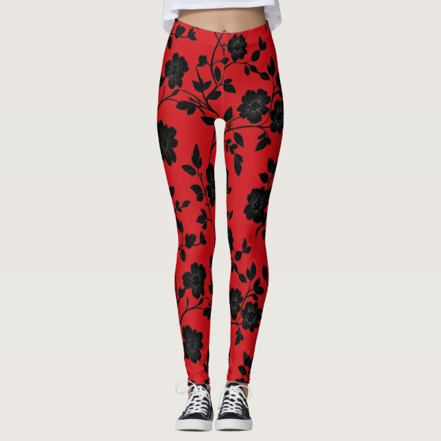 Legging Flores Pretas Vermelhas (Frente)