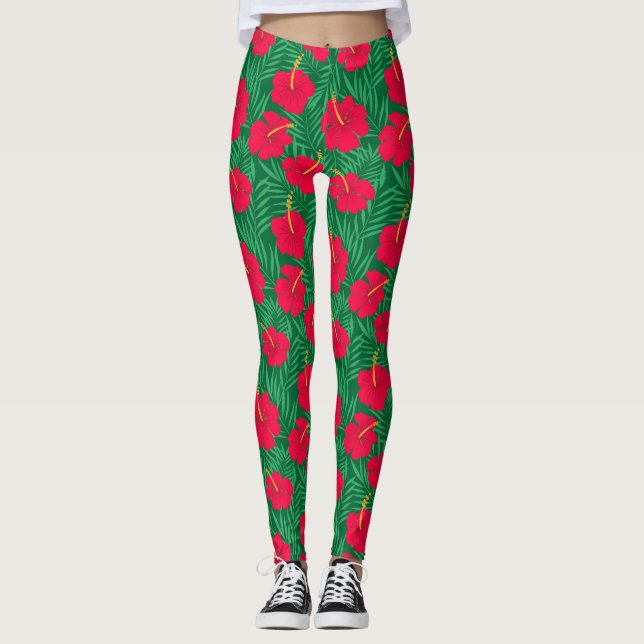 Legging Flores Red Hibiscus em Folhas Tropicais Verdes (Frente)