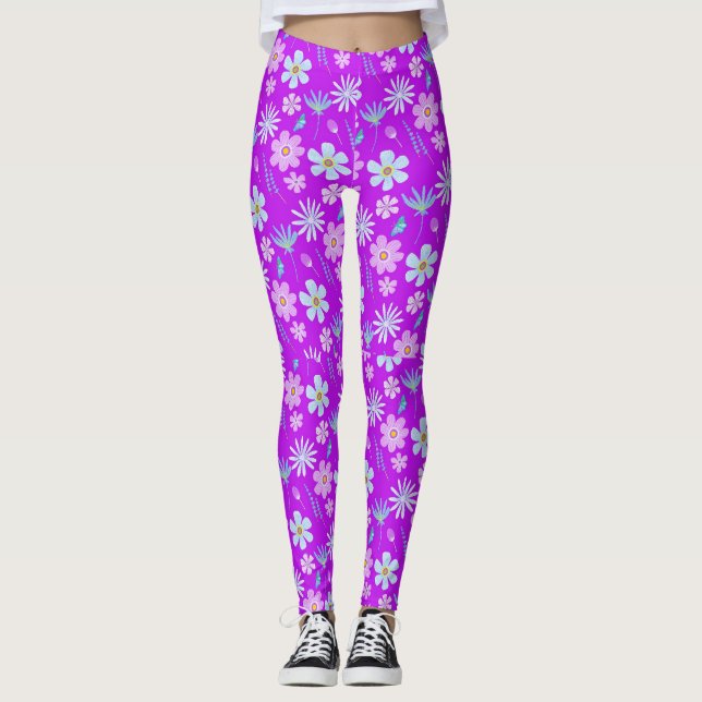 Legging Flores Retro Roxo e Azul dos anos 70 (Frente)
