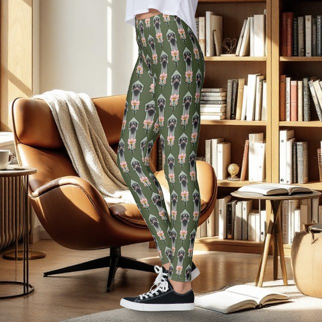 Legging Flores Rosa de Avestruz Verde Oliva Art Déco (Criador carregado)