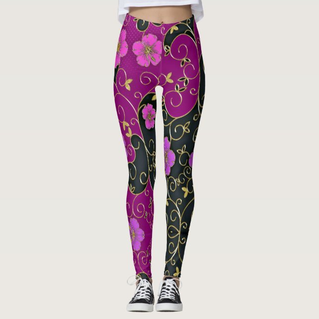 Legging Flores Rosa Elegantes Com Folhas Douradas E Rochas (Frente)