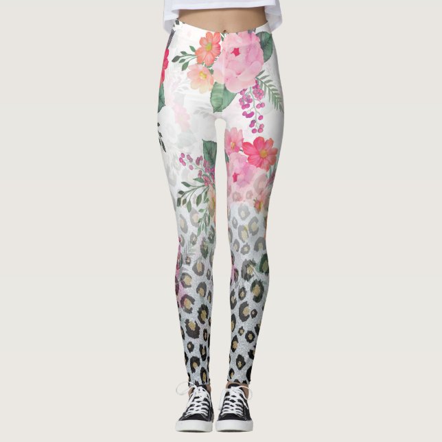 Legging Flores-rosa-impressas, pretas, Douradas prateadas, (Frente)