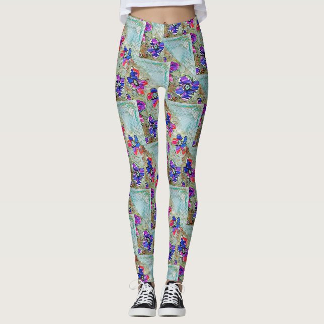 Legging Flores roxas e azuis quadrados Zigzags (Frente)