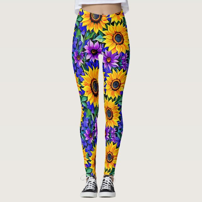 Legging Flores Roxas e Girassóis Amarelos Floral (Frente)