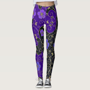 Legging Flores Roxas Elegantes Com Folhas Douradas E Enxer