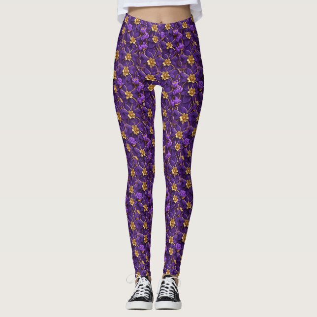 Legging Flores Roxas Reais Interpostas com Dourado (Frente)