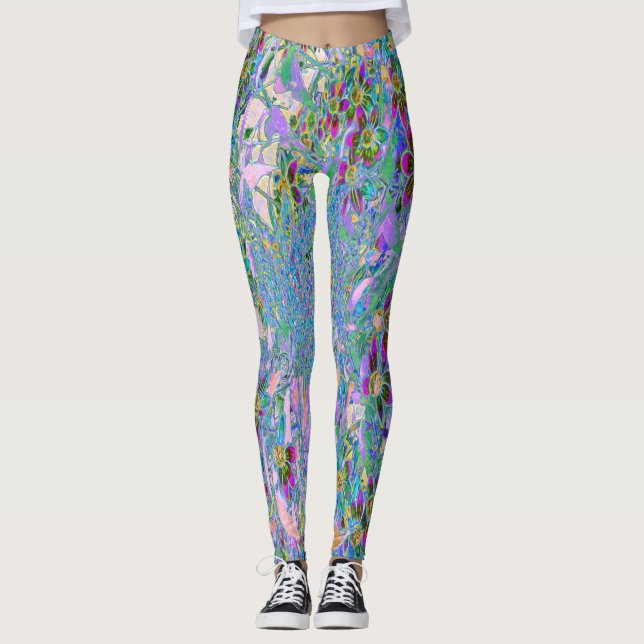 Legging Flores Roxas, Verdes e Azuis a Rosa (Frente)