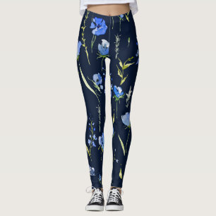 Legging Flores Rusticas Azuis: Ilustração Botânica.