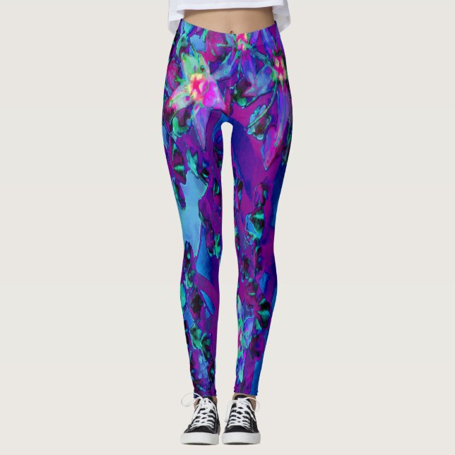 Legging Flores-Sedum Sucultas em Teal, Magenta e Azul (Frente)