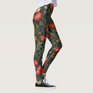 Legging Flores Selvagens Padrão Vermelho William Morris Es