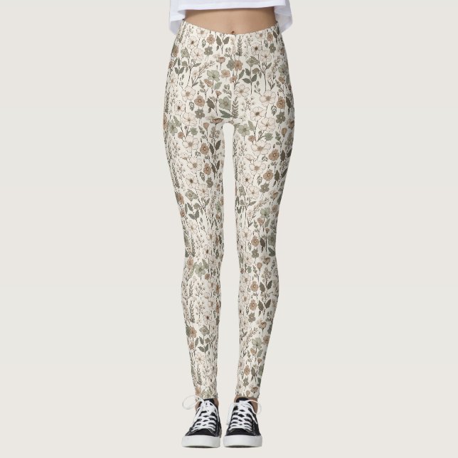 Legging Flores Silvestres Arejadas em Creme e Sage (Frente)