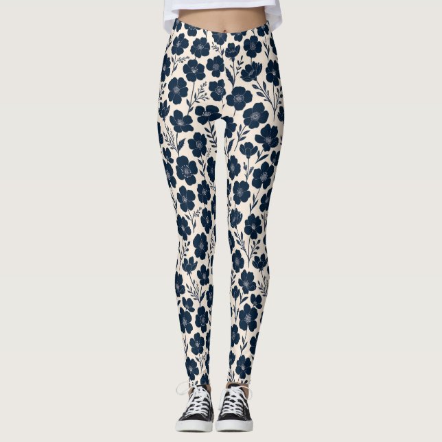 Legging Flores silvestres monocromáticas limpas em azul-ma (Frente)