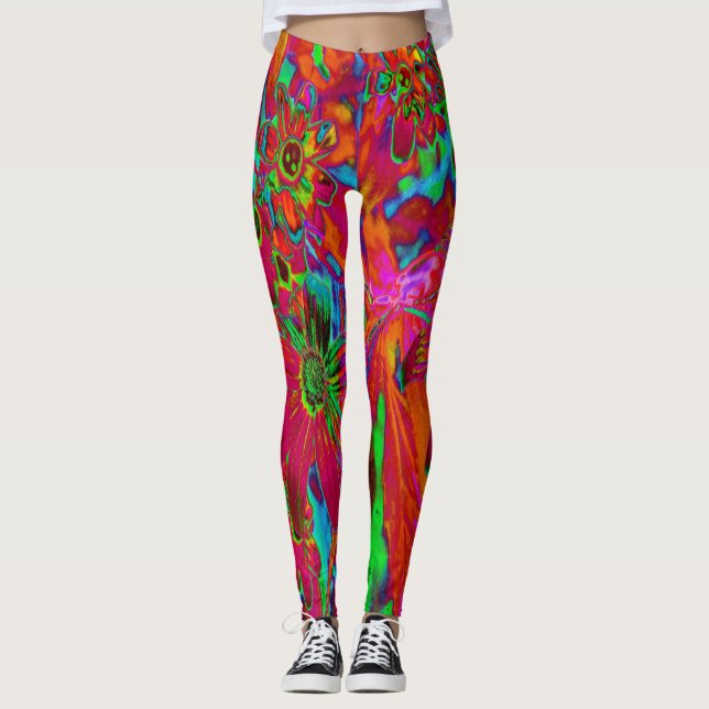 Legging Flores Silvestres Vermelhas e Verdes Psicodélicas  (Frente)