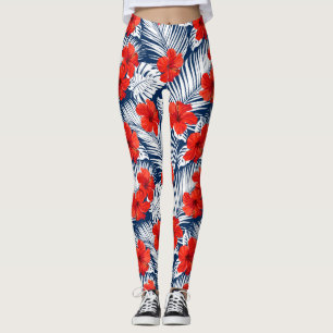 Legging Flores Tropicais De Hibisco Ferns Vermelho Branco 
