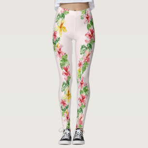 Legging Flores Tropicais de Hibisco Rosa Amarelo