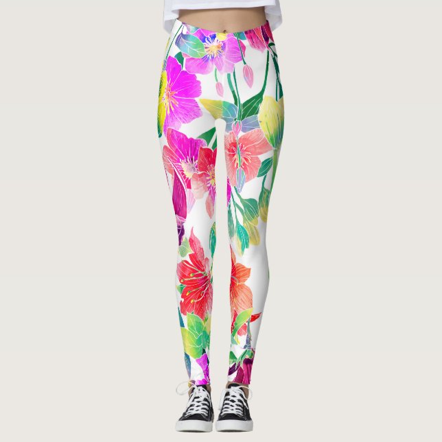 Legging Flores Tropicais Elegantes Coloridas (Frente)