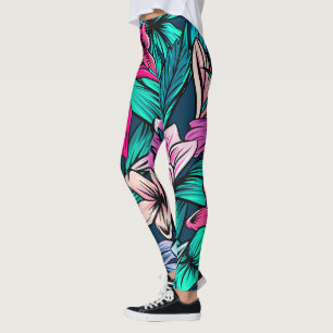 Legging Flores Tropicais Elegantes e Folhas de Arte  